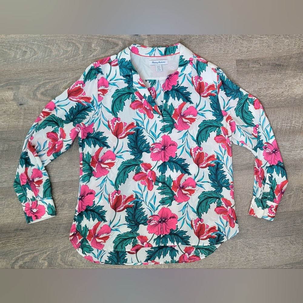Tommy Bahama Baroque Blooms 100% Silk Button Down Womens S Pink Green Tropical - Picture 6 of 12